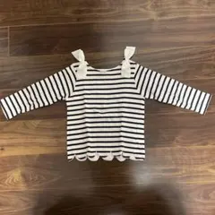 【美品】petit main ボーダー柄リボン付き長袖カットソー130cm