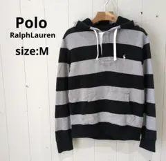 ポロラルフローレン ボーダー パーカー サーマル 裏起毛 メンズ Ｍ 黒✕グレー