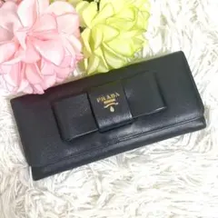 プラダ PRADA 長財布 リボン サフィアーノ フィオッコ 黒 ブラック