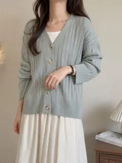 KHALITA リブニットカーディガン ライトグリーン Lサイズ Vネック