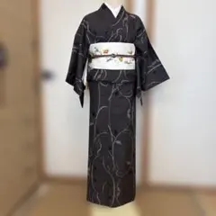 ダークグレー 植物模様 大島紬 着物袷