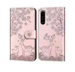 Sony Xperia 1 III ケース 手帳型　奈良の鹿 型押し革　花柄