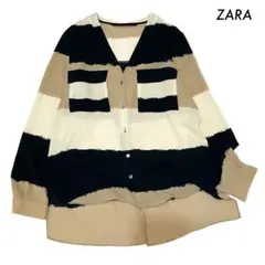 ZARA ザラ★長袖ブラウス Vネック 3色配色 Mサイズ レディース