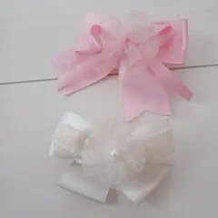 ピンク白リボンバレッタ2個セット