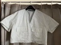 ZARA ストライプ クロップドシャツ 半袖 緑×白