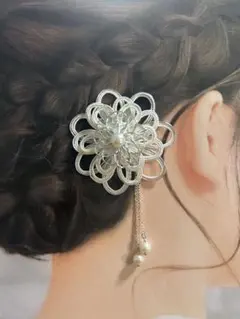 水引のかんざし　和装　髪飾り　花　シルバー×ホワイト　【ハンドメイド】