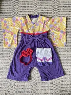 黄色紫の花柄　袴ロンパース　80cmセット　草履靴下とヘアーバンド付き