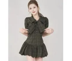 Darich ビッグリボンバルーンチェックミニワンピース ダークグリーン