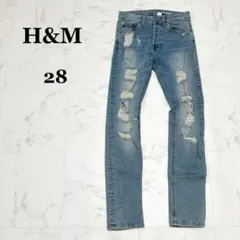 H&M♦︎スキニーデニムパンツ M ダメージ加工 ボタンフライ ストレッチ
