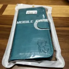iPhone 16 手帳型ケース ターコイズ 猫デザイン