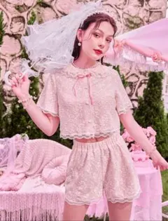 ピンク レース ショートパンツセット　パジャマ