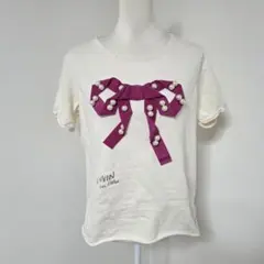 ランバンオンブルー リボン パール Tシャツ カットソー【M】アイボリー