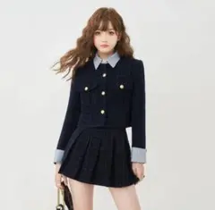 韓国系 重ね着風 折り襟 トップス+スカート 2点セットアップ