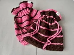 ハンドメイド　編み物　毛糸　巾着袋　ビビットピンク　ブラウン　２点セット