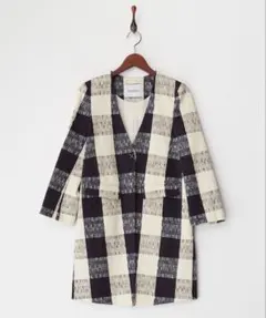 MAX&CO アイボリーパターンコート ノーカラーチェック柄ロング 40