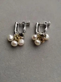 淡水パール　メタルビーズ　シルバー　イヤリング