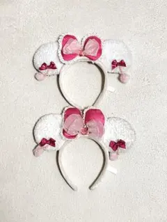 ディズニー　ピンク　レース　リボン　イヤリング　ミニー　カチューシャ　ホワイト