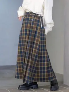 【RAGEBLUE】チェック柄ベルト付きプリーツロングスカート