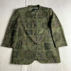 削除予定　ノーカラージャケット　くすみグリーン　緑　総柄　パターン柄　美品