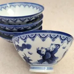 有田焼 鍋島華山 唐子デザイン 茶碗 飯碗 5個 陶器　　　　　 昭和レトロ