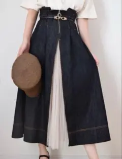 チャオパニック 黒 デニム フロントジップ プリーツ切り替えロングスカート