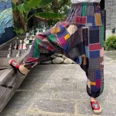 サルエルパンツ メンズ パッチワーク カラフル 綿麻 ポケット 部屋着