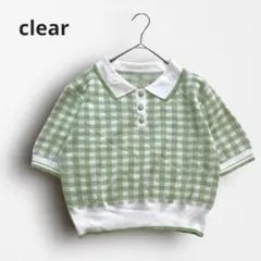 Y7695【クリア】ギンガムチェックポロニット 半袖 クロップド丈 可愛い♡緑