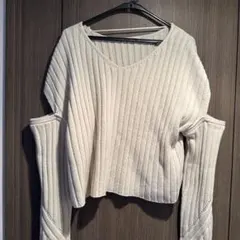アイボリー リブ編み オフショルダー ニットL L