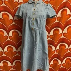 80s90sレトロキュートガーリーフランシュリッペりんご刺繍デニムワンピース