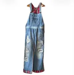デニムブルー ダメージ加工 オーバーオール