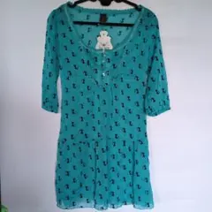 猫柄レディース ターコイズ チュニック 五分袖★未使用品