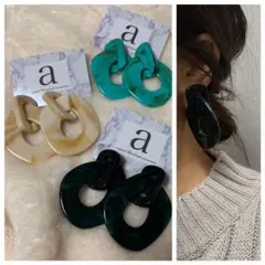 2021-3 ダークグリーン☺︎大理石風な2連チェーンの大ぶりピアス☺︎