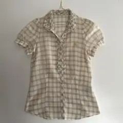 廃盤 バーバリー　ブルーレーベル　フリル襟 チェック 半袖ブラウス ベージュ38