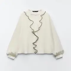 ZARA コントラストフリル ブラウス エクリュ ブラック XS