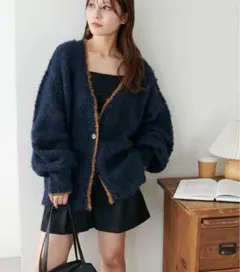 MIXブークレシャギー配色Vネックカーディガン