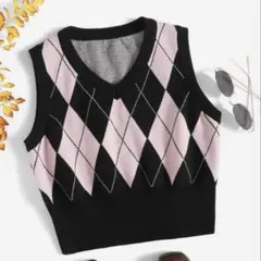 ニットベスト SHEIN ピンク かわいい アーガイル柄 韓国 セーター
