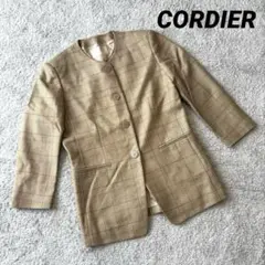 【CORDIER】ワールド ノーカラージャケット ベージュ チェック柄 40