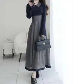 【mily bilet】フレア袖ドッキングワンピース（ロング丈）