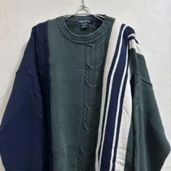 90s nautica クレイジーパターンニット Lグリーン