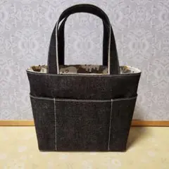 ハンドメイドブラックデニムミニ トートバッグ ピッグ柄