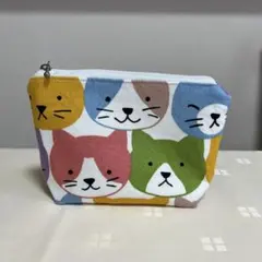 カラフルなネコフェイス　ファスナーポーチS