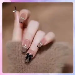 大人可愛い ブラックリボン ネイルチップ シンプル上品 韓国風ネイル
