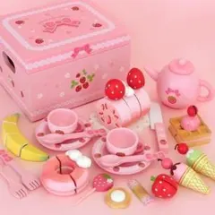 【大人気★】 木のおままごと スウィートカフェリボン+ 桃色ポットセット