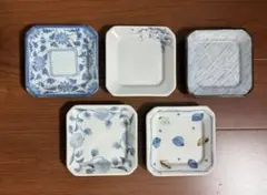 青い花柄の四角形小皿5枚セット