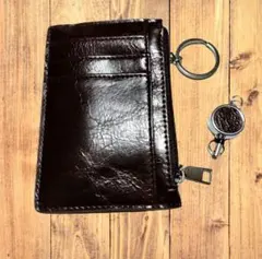 レザー調コインケース付きパスケース リール付 キーホルダー 定期入れ ブラウン