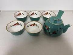 香蘭社 急須 湯呑み 5客 セット 花柄 緑色 金縁 有田焼