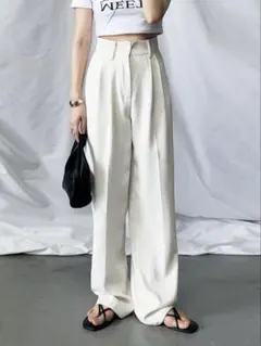 me+em select 太ベルトハイウエストカラータックスラックス アイボリー