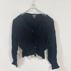 【M】ANGIE ブラック クロップド トップ ス　長袖ブラウス　フロントリボン