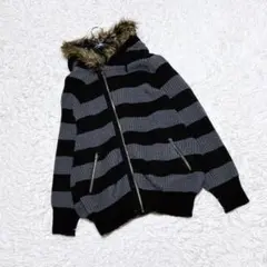 【Ryu Ryu】　ニットジップアップパーカー　（Ｌ）　ファー付き　ボーダー　黒