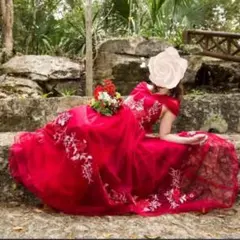 カラードレス 赤 格安 花柄 ウエディング おまけ付き